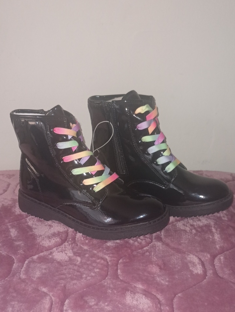 Children's Place Black Patent Lace-Up Ankle Boots with Rainbow Laces